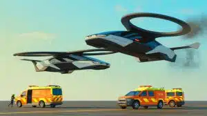 Illustration of two Xpeng Aeroht eVTOL vehicles during a rehearsal for the Changchun Air Show in China.