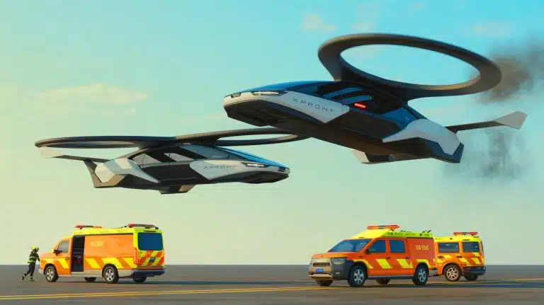Illustration of two Xpeng Aeroht eVTOL vehicles during a rehearsal for the Changchun Air Show in China.