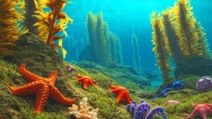 Illustration of the impact of Vibrio pectenicida on sea star populations along the Pacific coast.