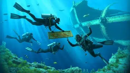Illustration of Greek divers recovering artifacts from the Britannic wreck in the Aegean Sea.