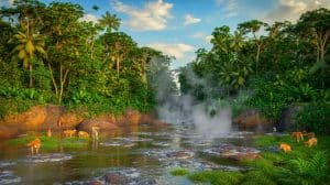 Illustration of the boiling Shanay-timpishka river surrounded by Peruvian Amazon rainforest.