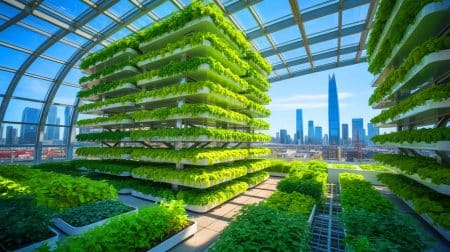 Illustration of a vertical farm in Beijing showcasing sustainable urban agriculture practices.