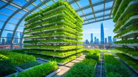 Illustration of a vertical farm in Beijing showcasing sustainable urban agriculture practices.