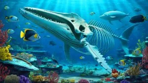 Illustration of a thriving marine ecosystem around a whale carcass in the deep ocean.