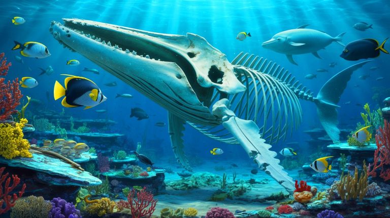 Illustration of a thriving marine ecosystem around a whale carcass in the deep ocean.