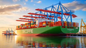 Illustration of the MV Canopee, the world’s first hybrid propulsion commercial cargo ship, arriving at Florida’s Port Canaveral.