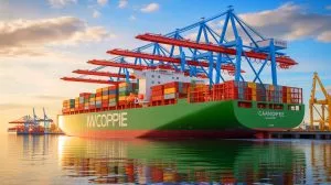 Illustration of the MV Canopee, the world’s first hybrid propulsion commercial cargo ship, arriving at Florida’s Port Canaveral.