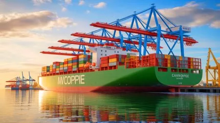Illustration of the MV Canopee, the world’s first hybrid propulsion commercial cargo ship, arriving at Florida’s Port Canaveral.