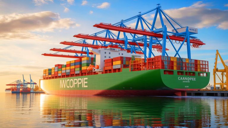 Illustration of the MV Canopee, the world’s first hybrid propulsion commercial cargo ship, arriving at Florida’s Port Canaveral.
