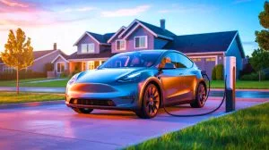 Illustration of a Tesla Model Y parked at a home charging station, highlighting the financial complexities of electric vehicle ownership.