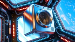 Illustration of a compact, detergent-free washing machine designed for space missions.