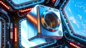 Illustration of a compact, detergent-free washing machine designed for space missions.