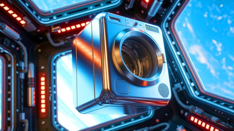 “We Don’t Even Wash Our Clothes Up Here”: Chinese Scientists Create Revolutionary Space Washing Machine Using Just Mist Illustration of a compact, detergent-free washing machine designed for space missions.