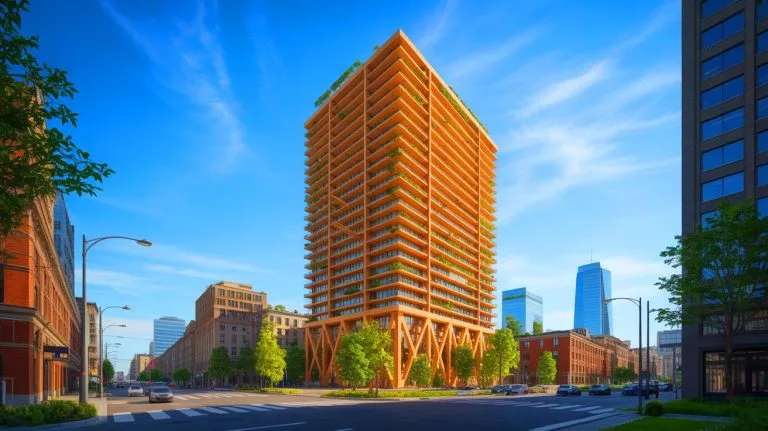 “We Built A 169-Foot Tower Without Any Concrete”: Sweden’s Timber Skyscraper Revolutionizes Urban Construction Forever Illustration of a sustainable timber tower in Malmö showcasing innovative architecture without a concrete core.