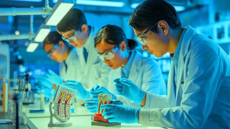 Illustration of Japanese researchers working on molecular biology to regenerate human teeth.