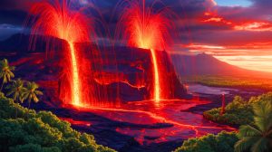Illustration of Kilauea's eruption with towering lava fountains and its cultural significance in Hawaii.