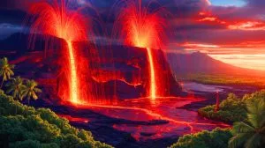 Illustration of Kilauea's eruption with towering lava fountains and its cultural significance in Hawaii.