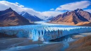 Illustration of glaciers in High-Mountain Asia showing signs of vulnerability due to decreasing snowfall.