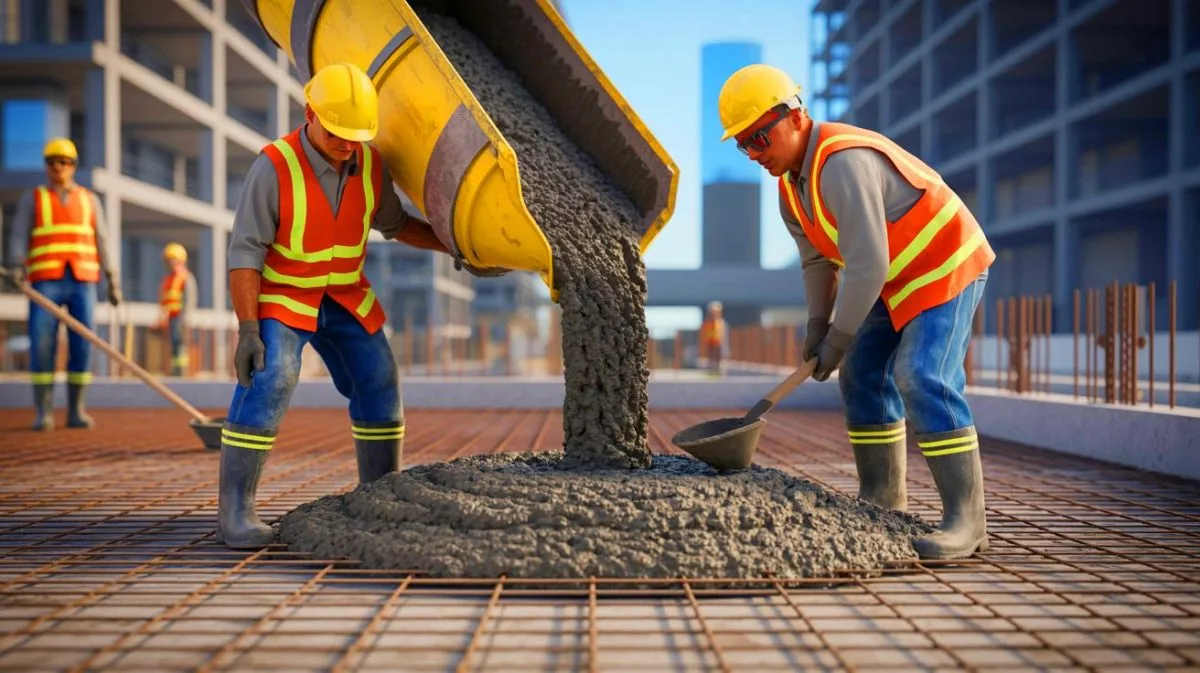 Illustration of construction workers pouring bacteria-powered cement.