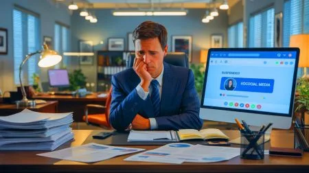 Illustration of Mark Steven Zuckerberg, an attorney from Indianapolis, dealing with social media account suspension issues due to name confusion with Meta's CEO.