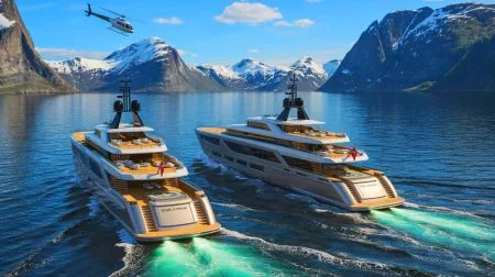 Illustration of Mark Zuckerberg's superyachts, Launchpad and Wingman, navigating the fjords of Norway for a heliskiing adventure.