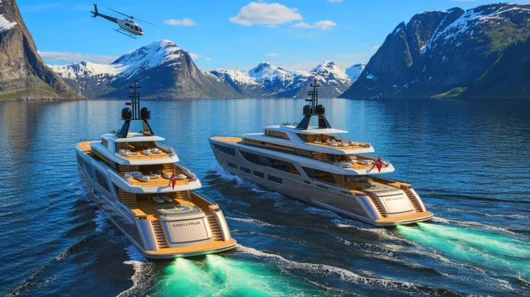 Illustration of Mark Zuckerberg's superyachts, Launchpad and Wingman, navigating the fjords of Norway for a heliskiing adventure.