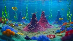 Illustration of rare underwater volcano-like structures crafted by elusive volcano worms off the coast of North Wales.