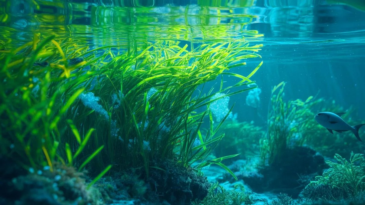 Illustration of Neptune Grass filtering plastic fragments in the ocean.