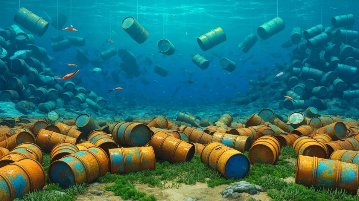 Illustration of industrial waste barrels submerged in the ocean off the coast of Los Angeles.