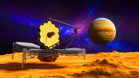 Illustration of the James Webb Space Telescope studying the atmosphere of exoplanet TRAPPIST-1e.