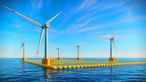 Illustration of the world's first nature-inclusive floating wind farm in Occitanie, France, with turbines on floating foundations.