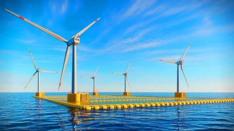 Illustration of the world's first nature-inclusive floating wind farm in Occitanie, France, with turbines on floating foundations.