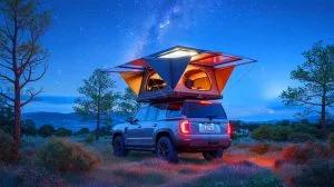 Illustration of the Sky Rover rooftop tent by Wild Land with its transparent roof and automated lift system.