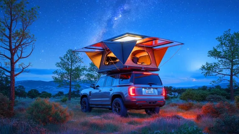 Illustration of the Sky Rover rooftop tent by Wild Land with its transparent roof and automated lift system.