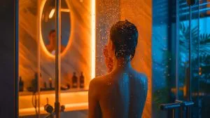 Illustration of a person enjoying a nighttime shower as a tool for mental decompression and personal boundary setting.