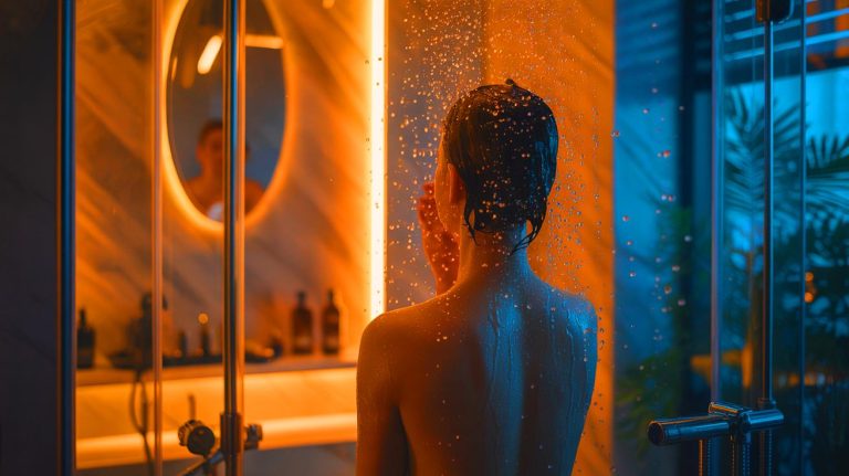 People Who Prefer Night Showers Often Share These 7 Surprising Traits, Psychologists Say Illustration of a person enjoying a nighttime shower as a tool for mental decompression and personal boundary setting.