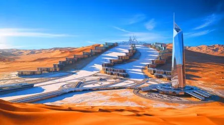 Illustration of Trojena Ski Resort's futuristic design in the Saudi Arabian desert.