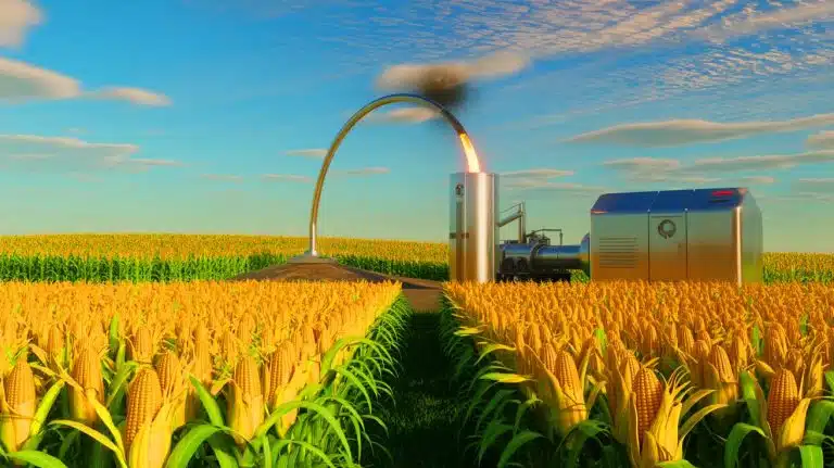 Illustration of transforming corn waste into bio-oil for carbon sequestration in abandoned oil wells.