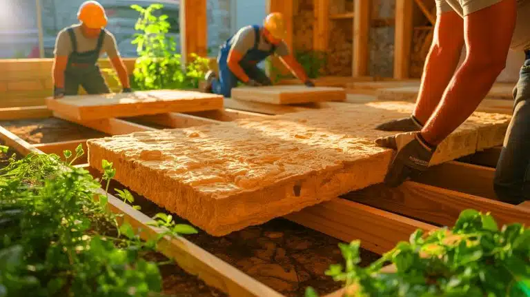Illustration of mushroom-based insulation boards developed for sustainable construction.