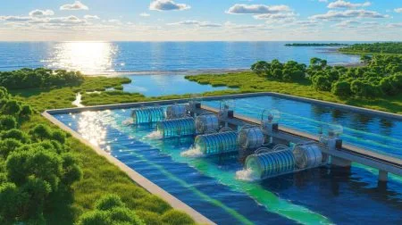 Illustration of osmotic power generation facility harnessing energy from mixing fresh and salt water.