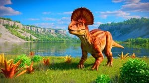 Illustration of young Zavacephale dinosaurs dueling for territory along a lakeshore 108 million years ago.