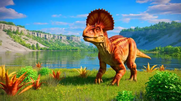 Illustration of young Zavacephale dinosaurs dueling for territory along a lakeshore 108 million years ago.