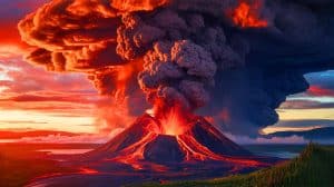 Illustration of the potential global impact of a super volcanic eruption.