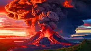Illustration of the potential global impact of a super volcanic eruption.