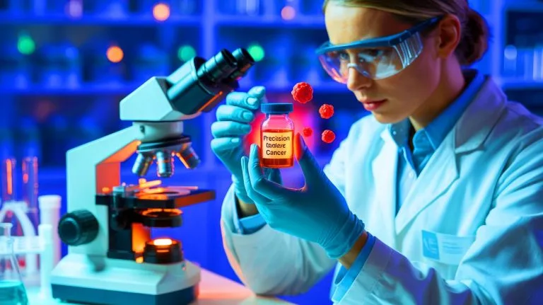 Illustration of a precision drug activating the immune system specifically at cancerous sites.
