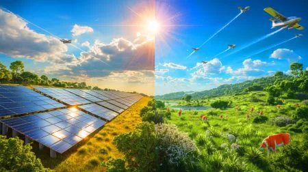 Illustration of innovative climate solutions like geoengineering and solar power amidst global climate challenges.