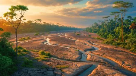 Illustration of the Amazon rainforest threatened by the potential slowdown of the Atlantic Meridional Overturning Circulation.