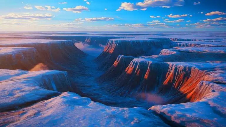 Illustration of massive craters on the Yamal and Gydan peninsulas formed by methane gas emissions.