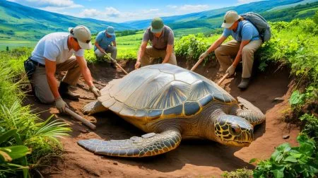 Illustration of the discovery of Craspedochelys renzi fossil in Colombia.