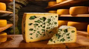 Illustration of the evolutionary change of Penicillium solitum mold on Bayley Hazen Blue cheese from green to white.